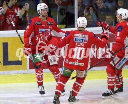 EBEL. Eishockey Bundesliga. KAC gegen	Moser Medical Graz99ers. Torjubel Adam Comrie, Andrew Jacob Kozek, Nicholas Erik Petersen (KAC). Klagenfurt, am 31.3.2019.
Foto: Kuess

---
pressefotos, pressefotografie, kuess, qs, qspictures, sport, bild, bilder, bilddatenbank