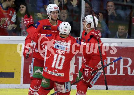 EBEL. Eishockey Bundesliga. KAC gegen	Moser Medical Graz99ers. Torjubel Adam Comrie, Andrew Jacob Kozek, Nicholas Erik Petersen (KAC). Klagenfurt, am 31.3.2019.
Foto: Kuess

---
pressefotos, pressefotografie, kuess, qs, qspictures, sport, bild, bilder, bilddatenbank