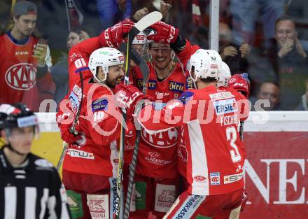 EBEL. Eishockey Bundesliga. KAC gegen	Moser Medical Graz99ers. Torjubel Adam Comrie, Andrew Jacob Kozek, Nicholas Erik Petersen, David Joseph Fischer, Thomas Koch (KAC). Klagenfurt, am 31.3.2019.
Foto: Kuess

---
pressefotos, pressefotografie, kuess, qs, qspictures, sport, bild, bilder, bilddatenbank