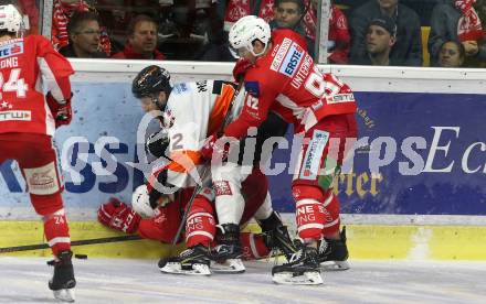 EBEL. Eishockey Bundesliga. KAC gegen	Moser Medical Graz99ers. Clemens Unterweger, Andrew Jacob Kozek,  (KAC), Kevin Moderer (Graz). Klagenfurt, am 31.3.2019.
Foto: Kuess

---
pressefotos, pressefotografie, kuess, qs, qspictures, sport, bild, bilder, bilddatenbank