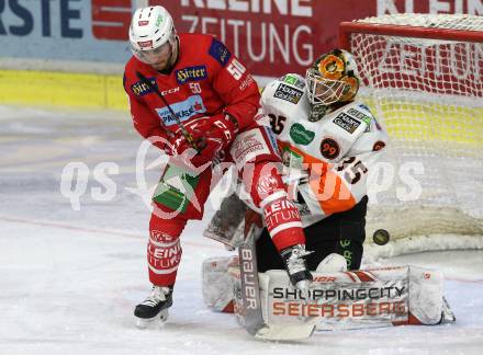 EBEL. Eishockey Bundesliga. KAC gegen	Moser Medical Graz99ers. Matthew Neal,  (KAC), Robin Rahm (Graz). Klagenfurt, am 31.3.2019.
Foto: Kuess

---
pressefotos, pressefotografie, kuess, qs, qspictures, sport, bild, bilder, bilddatenbank