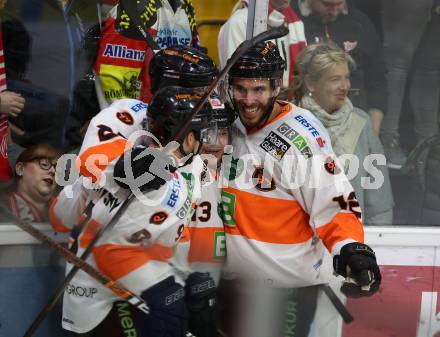 EBEL. Eishockey Bundesliga. KAC gegen	Moser Medical Graz99ers.  Torjubel Colton Jaret Yellow Horn, Ty Loney, Dwight King, Matt Garbowski  (Graz). Klagenfurt, am 31.3.2019.
Foto: Kuess

---
pressefotos, pressefotografie, kuess, qs, qspictures, sport, bild, bilder, bilddatenbank