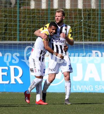 Fussball tipico Bundesliga. RZ Pellets WAC gegen LASK.  Torjubel Joao Klauss De Mello, Joao Victor Santos Sa (LASK). Wolfsberg, am 23.2.2019.
Foto: Kuess

---
pressefotos, pressefotografie, kuess, qs, qspictures, sport, bild, bilder, bilddatenbank