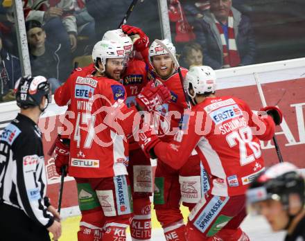 EBEL. Eishockey Bundesliga. KAC gegen	spusu Vienna Capitals. Torjubel Bischofberger Johannes, Witting Marcel,	Liivik Siim, Schumnig Martin (KAC). Klagenfurt, am 20.4.2019.
Foto: Kuess

---
pressefotos, pressefotografie, kuess, qs, qspictures, sport, bild, bilder, bilddatenbank