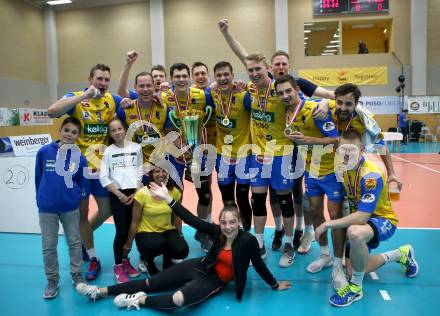 Volleyball. AVL Finale. SK Posojilnica Aich/Dob gegen SG Union Raiffeisen Waldviertel. Meisterjubel mit Fans (Aich/Dob). Bleiburg, 24.4.2019.
Foto: Kuess
---
pressefotos, pressefotografie, kuess, qs, qspictures, sport, bild, bilder, bilddatenbank