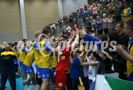 Volleyball. AVL Finale. SK Posojilnica Aich/Dob gegen SG Union Raiffeisen Waldviertel. Meisterjubel  (Aich/Dob), Fans. Bleiburg, 24.4.2019.
Foto: Kuess
---
pressefotos, pressefotografie, kuess, qs, qspictures, sport, bild, bilder, bilddatenbank