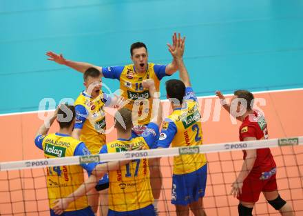 Volleyball. AVL Finale. SK Posojilnica Aich/Dob gegen SG Union Raiffeisen Waldviertel. Jubel (Aich/Dob). Bleiburg, 24.4.2019.
Foto: Kuess
---
pressefotos, pressefotografie, kuess, qs, qspictures, sport, bild, bilder, bilddatenbank