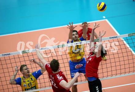 Volleyball. AVL Finale. SK Posojilnica Aich/Dob gegen SG Union Raiffeisen Waldviertel. Maximilian Landfahrer, Nicolai Grabmueller, (Aich/Dob), Pavel Bartos, Dawid Adam Siwczyk  (Waldviertel). Bleiburg, 24.4.2019.
Foto: Kuess
---
pressefotos, pressefotografie, kuess, qs, qspictures, sport, bild, bilder, bilddatenbank