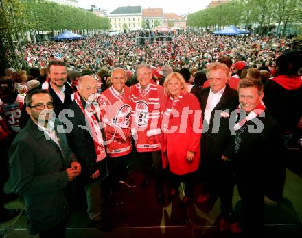 EBEL. Eishockey Bundesliga. Meisterfeier KAC.   Buergermeister Ingo Appe, Juergen Pfeiler, Landeshauptmann Peter Kaiser, Buergermeisterin Maria Luise Mathiaschitz, Dietmar Krenn, Arno Arthofer. Klagenfurt, am 29.4.2019.
Foto: Kuess
---
pressefotos, pressefotografie, kuess, qs, qspictures, sport, bild, bilder, bilddatenbank