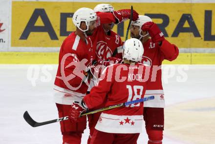 Ebel Eishockey Bundesliga. Testspiel. KAC gegen Wolfsburg Grizzlys.  Torjubel David Joseph Fischer, Nick Petersen, Thomas KOch, Andrew Jacob Kozek (KAC). Klagenfurt, am 21.8.2019.
Foto: Kuess
www.qspictures.net
---
pressefotos, pressefotografie, kuess, qs, qspictures, sport, bild, bilder, bilddatenbank