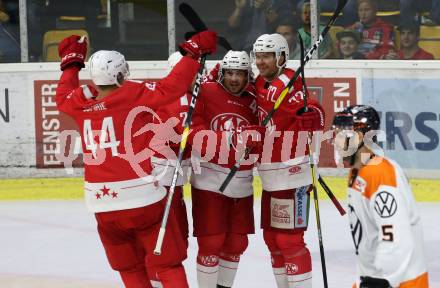 Ebel Eishockey Bundesliga. Testspiel. KAC gegen Wolfsburg Grizzlys.  Torjubel Manuel Geier, Marcel Witting, Siim Liivik, Adam Comrie (KAC). Klagenfurt, am 21.8.2019.
Foto: Kuess
www.qspictures.net
---
pressefotos, pressefotografie, kuess, qs, qspictures, sport, bild, bilder, bilddatenbank