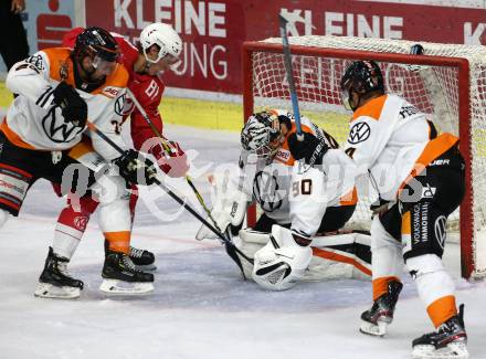 Ebel Eishockey Bundesliga. Testspiel. KAC gegen Wolfsburg Grizzlys. Marco Richter,  (KAC), Gerrit Fauser,  Felix Brueckmann, Garrett Festerling  (Wolfsburg). Klagenfurt, am 21.8.2019.
Foto: Kuess
www.qspictures.net
---
pressefotos, pressefotografie, kuess, qs, qspictures, sport, bild, bilder, bilddatenbank