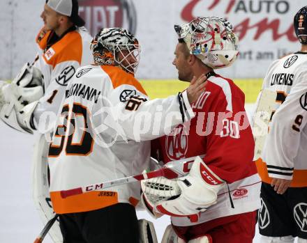 Ebel Eishockey Bundesliga. Testspiel. KAC gegen Wolfsburg Grizzlys. Felix Brueckmann,  (KAC), Lars Haugen  (Wolfsburg). Klagenfurt, am 21.8.2019.
Foto: Kuess
www.qspictures.net
---
pressefotos, pressefotografie, kuess, qs, qspictures, sport, bild, bilder, bilddatenbank