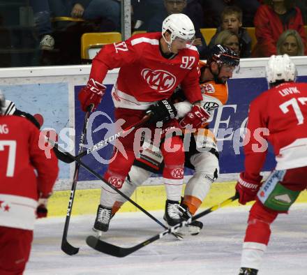 Ebel Eishockey Bundesliga. Testspiel. KAC gegen Wolfsburg Grizzlys. Clemens Unterweger,  (KAC),  Christoph Hoehenleitner (Wolfsburg). Klagenfurt, am 21.8.2019.
Foto: Kuess
www.qspictures.net
---
pressefotos, pressefotografie, kuess, qs, qspictures, sport, bild, bilder, bilddatenbank