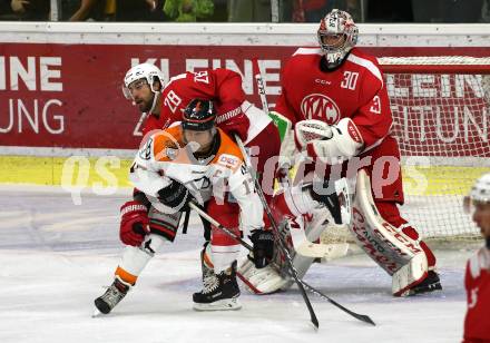 Ebel Eishockey Bundesliga. Testspiel. KAC gegen Wolfsburg Grizzlys.  Martin Schumnig, Lars Haugen (KAC), Sebastian Furchner (Wolfsburg).   (Wolfsburg). Klagenfurt, am 21.8.2019.
Foto: Kuess
www.qspictures.net
---
pressefotos, pressefotografie, kuess, qs, qspictures, sport, bild, bilder, bilddatenbank