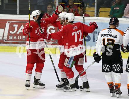 Ebel Eishockey Bundesliga. Testspiel. KAC gegen Wolfsburg Grizzlys. Torjubel Manuel Geier, Marcel Witting, Siim Liivik (KAC). Klagenfurt, am 21.8.2019.
Foto: Kuess
www.qspictures.net
---
pressefotos, pressefotografie, kuess, qs, qspictures, sport, bild, bilder, bilddatenbank