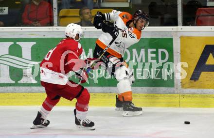 Ebel Eishockey Bundesliga. Testspiel. KAC gegen Wolfsburg Grizzlys. Thomas Koch,  (KAC), Ryan Button  (Wolfsburg). Klagenfurt, am 21.8.2019.
Foto: Kuess
www.qspictures.net
---
pressefotos, pressefotografie, kuess, qs, qspictures, sport, bild, bilder, bilddatenbank