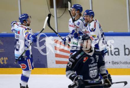 EBEL. Eishockey Bundesliga. Turnier. EC VSV gegen Fehervar AV19. Torjubel Danila Karaban, Mika Lahti, Marko Poehoenen  (VSV). Bled, am 23.8.2019.
Foto: Kuess
www.qspictures.net
---
pressefotos, pressefotografie, kuess, qs, qspictures, sport, bild, bilder, bilddatenbank