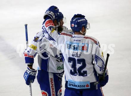 EBEL. Eishockey Bundesliga. Testspiel. EC VSV gegen Fehervar AV19.   Torjubel Kevin Schmidt, Bernd Wolf (VSV). Bled, am 23.8.2019.
Foto: Kuess
www.qspictures.net
---
pressefotos, pressefotografie, kuess, qs, qspictures, sport, bild, bilder, bilddatenbank