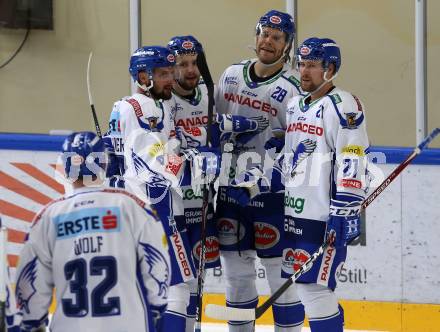 EBEL. Eishockey Bundesliga. Turnier. EC VSV gegen Fehervar AV19. Torjubel Nico Brunner, Danila Karaban, Miika Lahti, Marko Poeyhoenen, Bernd Wolf  (VSV). Bled, am 23.8.2019.
Foto: Kuess
www.qspictures.net
---
pressefotos, pressefotografie, kuess, qs, qspictures, sport, bild, bilder, bilddatenbank