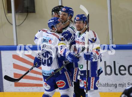 EBEL. Eishockey Bundesliga. Turnier. EC VSV gegen Fehervar AV19.  Torjubel Danila Karaban, Miika Lahti, Marko Poeyhoenen (VSV). Bled, am 23.8.2019.
Foto: Kuess
www.qspictures.net
---
pressefotos, pressefotografie, kuess, qs, qspictures, sport, bild, bilder, bilddatenbank