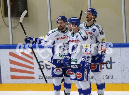 EBEL. Eishockey Bundesliga. Turnier. EC VSV gegen Fehervar AV19.  Torjubel Danila Karaban, Miika Lahti, Marko Poeyhoenen (VSV). Bled, am 23.8.2019.
Foto: Kuess
www.qspictures.net
---
pressefotos, pressefotografie, kuess, qs, qspictures, sport, bild, bilder, bilddatenbank