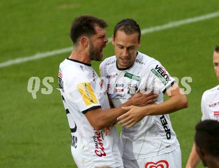 Fussball tipico Bundesliga. RZ Pellets WAC gegen Cashpoint SCR Altach.  Torjubel Nemanja Rnic, Michael Liendl,  (WAC). Wolfsberg, am 24.8.2019.
Foto: Kuess
www.qspictures.net

---
pressefotos, pressefotografie, kuess, qs, qspictures, sport, bild, bilder, bilddatenbank