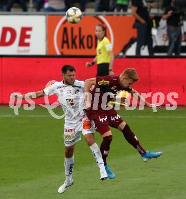 Fussball tipico Bundesliga. RZ Pellets WAC gegen Cashpoint SCR Altach.  Nemanja Rnic,  (WAC), Christian Gebauer (Altach). Wolfsberg, am 24.8.2019.
Foto: Kuess
www.qspictures.net

---
pressefotos, pressefotografie, kuess, qs, qspictures, sport, bild, bilder, bilddatenbank