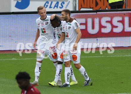 Fussball tipico Bundesliga. RZ Pellets WAC gegen Cashpoint SCR Altach.  Torjubel Marcel Ritzmaier, Anderson Niangbo, Shon Zalman Weissman (WAC). Wolfsberg, am 24.8.2019.
Foto: Kuess
www.qspictures.net

---
pressefotos, pressefotografie, kuess, qs, qspictures, sport, bild, bilder, bilddatenbank