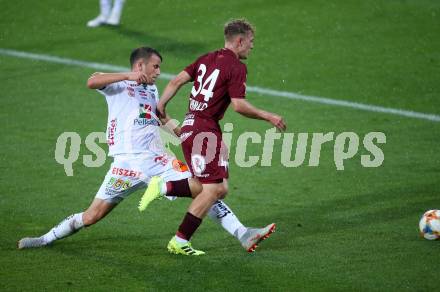 Fussball tipico Bundesliga. RZ Pellets WAC gegen Cashpoint SCR Altach.  Lukas Schmitz,  (WAC), Manuel Thurnwald (Altach). Wolfsberg, am 24.8.2019.
Foto: Kuess
www.qspictures.net

---
pressefotos, pressefotografie, kuess, qs, qspictures, sport, bild, bilder, bilddatenbank