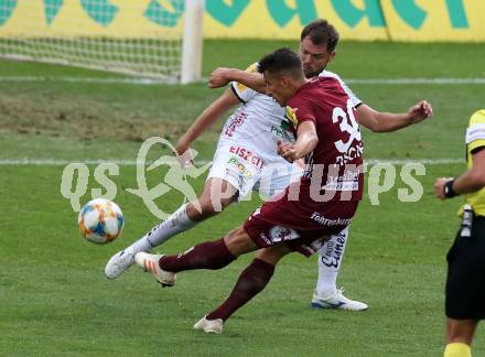 Fussball tipico Bundesliga. RZ Pellets WAC gegen Cashpoint SCR Altach.  Nemanja Rnic,  (WAC), Manfred Fischer (Altach). Wolfsberg, am 24.8.2019.
Foto: Kuess
www.qspictures.net

---
pressefotos, pressefotografie, kuess, qs, qspictures, sport, bild, bilder, bilddatenbank