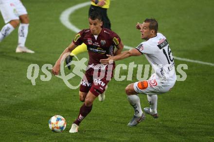 Fussball tipico Bundesliga. RZ Pellets WAC gegen Cashpoint SCR Altach.  Mario Leitgeb,  (WAC), Manfred Fischer (Altach). Wolfsberg, am 24.8.2019.
Foto: Kuess
www.qspictures.net

---
pressefotos, pressefotografie, kuess, qs, qspictures, sport, bild, bilder, bilddatenbank