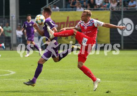 Fussball 2. Liga. SK Austra Klagenfurt gegen FC Blau Weiss Linz. Oliver Markoutz (Austria Klagenfurt), Martin Kreuzriegler (BW Linz). Klagenfurt, am 25.8.2019.
Foto: Kuess
---
pressefotos, pressefotografie, kuess, qs, qspictures, sport, bild, bilder, bilddatenbank