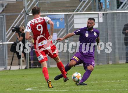 Fussball 2. Liga. SK Austra Klagenfurt gegen FC Blau Weiss Linz. Kosmas Gkezos (Austria Klagenfurt), Fabian Schubert (BW Linz). Klagenfurt, am 25.8.2019.
Foto: Kuess
---
pressefotos, pressefotografie, kuess, qs, qspictures, sport, bild, bilder, bilddatenbank