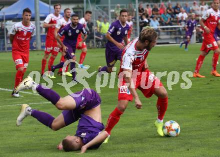 Fussball 2. Liga. SK Austra Klagenfurt gegen FC Blau Weiss Linz. Florian Jaritz (Austria Klagenfurt), Martin Grasegger  (BW Linz). Klagenfurt, am 25.8.2019.
Foto: Kuess
www.qspictures.net
---
pressefotos, pressefotografie, kuess, qs, qspictures, sport, bild, bilder, bilddatenbank