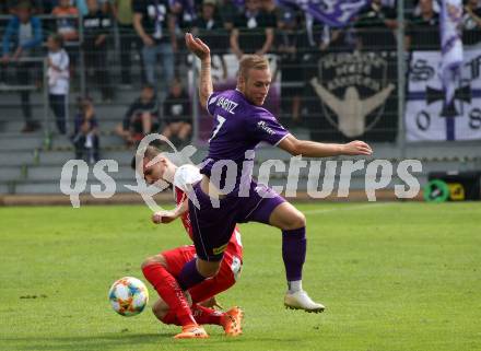 Fussball 2. Liga. SK Austra Klagenfurt gegen FC Blau Weiss Linz. Florian Jaritz (Austria Klagenfurt), Lukas Tursch (BW Linz). Klagenfurt, am 25.8.2019.
Foto: Kuess
www.qspictures.net
---
pressefotos, pressefotografie, kuess, qs, qspictures, sport, bild, bilder, bilddatenbank