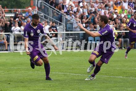 Fussball 2. Liga. SK Austra Klagenfurt gegen FC Blau Weiss Linz. Torjubel Kosmas Gkezos, Ivan Saravanja (Austria Klagenfurt),. Klagenfurt, am 25.8.2019.
Foto: Kuess
---
pressefotos, pressefotografie, kuess, qs, qspictures, sport, bild, bilder, bilddatenbank