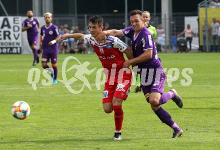 Fussball 2. Liga. SK Austra Klagenfurt gegen FC Blau Weiss Linz. Oliver Markoutz (Austria Klagenfurt), Danilo Mitrovic (BW Linz). Klagenfurt, am 25.8.2019.
Foto: Kuess
---
pressefotos, pressefotografie, kuess, qs, qspictures, sport, bild, bilder, bilddatenbank