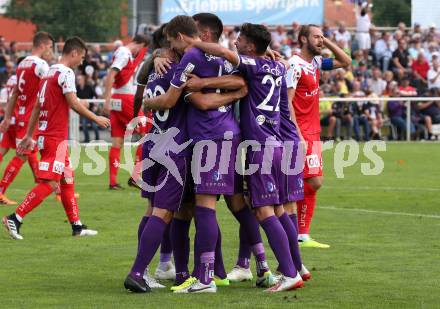 Fussball 2. Liga. SK Austra Klagenfurt gegen FC Blau Weiss Linz. Torjubel Kosmas Gkezos, Ivan Saravanja (Austria Klagenfurt),. Klagenfurt, am 25.8.2019.
Foto: Kuess
---
pressefotos, pressefotografie, kuess, qs, qspictures, sport, bild, bilder, bilddatenbank