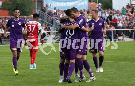 Fussball 2. Liga. SK Austra Klagenfurt gegen FC Blau Weiss Linz. Torjubel Kosmas Gkezos, Ivan Saravanja (Austria Klagenfurt),. Klagenfurt, am 25.8.2019.
Foto: Kuess
www.qspictures.net
---
pressefotos, pressefotografie, kuess, qs, qspictures, sport, bild, bilder, bilddatenbank