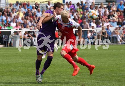 Fussball 2. Liga. SK Austra Klagenfurt gegen FC Blau Weiss Linz. Ivan Saravanja,  (Austria Klagenfurt), Thomas Froeschl (Linz). Klagenfurt, am 25.8.2019.
Foto: Kuess
www.qspictures.net
---
pressefotos, pressefotografie, kuess, qs, qspictures, sport, bild, bilder, bilddatenbank