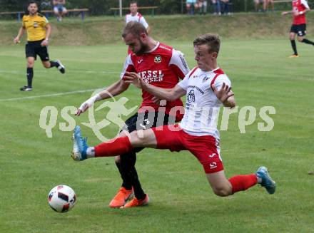 Fussball. Kaerntner Liga. Ferlach Atus gegen Spittal/Drau. Hannes Marcel Schwarz (Ferlach),   Daniel Urbas (Spittal). Ferlach, 24.8.2019.
Foto: Kuess
www.qspictures.net
---
pressefotos, pressefotografie, kuess, qs, qspictures, sport, bild, bilder, bilddatenbank