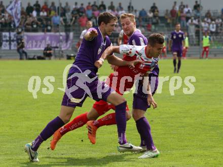 Fussball 2. Liga. SK Austra Klagenfurt gegen FC Blau Weiss Linz. Ivan Saravanja, Markus Rusek,  (Austria Klagenfurt),  Lukas Tursch (Linz). Klagenfurt, am 25.8.2019.
Foto: Kuess
www.qspictures.net
---
pressefotos, pressefotografie, kuess, qs, qspictures, sport, bild, bilder, bilddatenbank