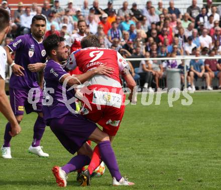 Fussball 2. Liga. SK Austra Klagenfurt gegen FC Blau Weiss Linz. Polydoros Gkezos,  (Austria Klagenfurt), Fabian Schubert (Linz). Klagenfurt, am 25.8.2019.
Foto: Kuess
www.qspictures.net
---
pressefotos, pressefotografie, kuess, qs, qspictures, sport, bild, bilder, bilddatenbank