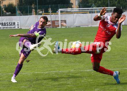 Fussball 2. Liga. SK Austra Klagenfurt gegen FC Blau Weiss Linz. Philipp Huetter,  (Austria Klagenfurt), Nosa Iyobosa Edokpolor (Linz). Klagenfurt, am 25.8.2019.
Foto: Kuess
www.qspictures.net
---
pressefotos, pressefotografie, kuess, qs, qspictures, sport, bild, bilder, bilddatenbank