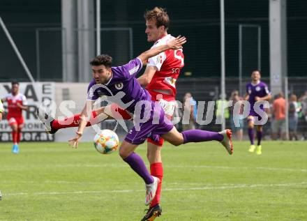 Fussball 2. Liga. SK Austra Klagenfurt gegen FC Blau Weiss Linz. Polydoros Gkezos, (Austria Klagenfurt), Fabian Schubert  (Linz). Klagenfurt, am 25.8.2019.
Foto: Kuess
www.qspictures.net
---
pressefotos, pressefotografie, kuess, qs, qspictures, sport, bild, bilder, bilddatenbank