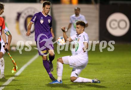 Fussball 2. Liga. SK Austria Klagenfurt gegen SC Austria Lustenau. Oliver Markoutz,  (Austria Klagenfurt), Darijo Grujcic (Lustenau). Klagenfurt, am 13.9.2019.
Foto: Kuess
www.qspictures.net
---
pressefotos, pressefotografie, kuess, qs, qspictures, sport, bild, bilder, bilddatenbank