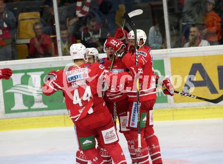 EBEL. Eishockey Bundesliga. KAC gegen	Hydro Fehervar AV 19.  Torjubel Marco Richter, Fischer David Joseph, Witting Marcel, Adam Comrie,(KAC). Klagenfurt, am 13.9.2019.
Foto: Kuess
www.qspictures.net

---
pressefotos, pressefotografie, kuess, qs, qspictures, sport, bild, bilder, bilddatenbank