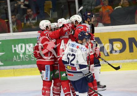 EBEL. Eishockey Bundesliga. KAC gegen	Hydro Fehervar AV 19.  Torjubel Marco Richter, Fischer David Joseph, Witting Marcel, Adam Comrie,Liivik Siim (KAC). Klagenfurt, am 13.9.2019.
Foto: Kuess
www.qspictures.net

---
pressefotos, pressefotografie, kuess, qs, qspictures, sport, bild, bilder, bilddatenbank