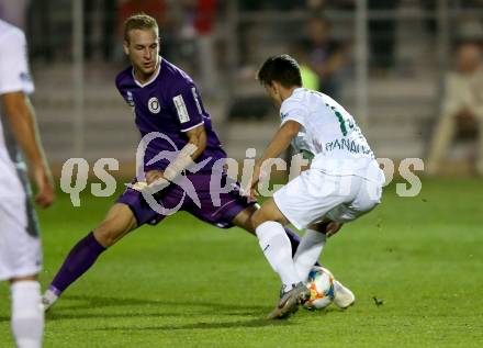 Fussball 2. Liga. SK Austria Klagenfurt gegen SC Austria Lustenau. Florian Jaritz,  (Austria Klagenfurt), Alexander Ranacher (Lustenau). Klagenfurt, am 13.9.2019.
Foto: Kuess
www.qspictures.net
---
pressefotos, pressefotografie, kuess, qs, qspictures, sport, bild, bilder, bilddatenbank